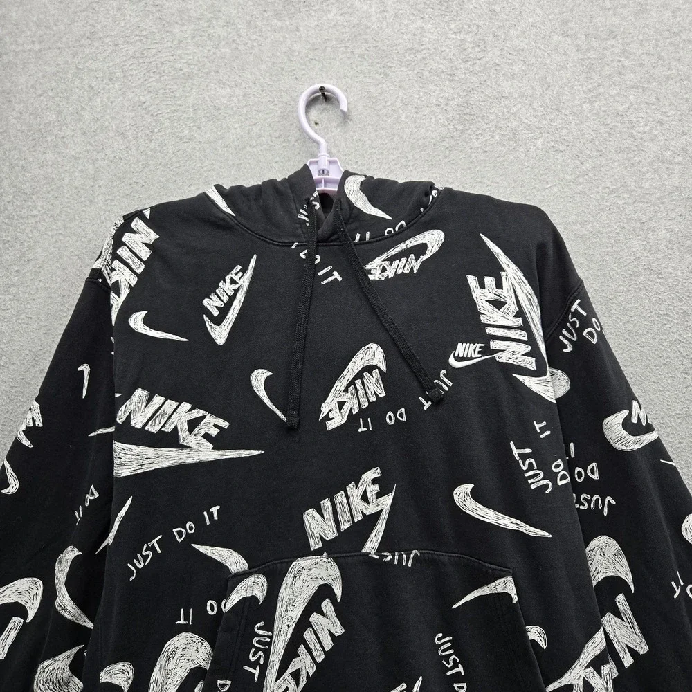 Nike Men Hoodie XXL Black Graphic Fleece AOP Logo Allover Print READ